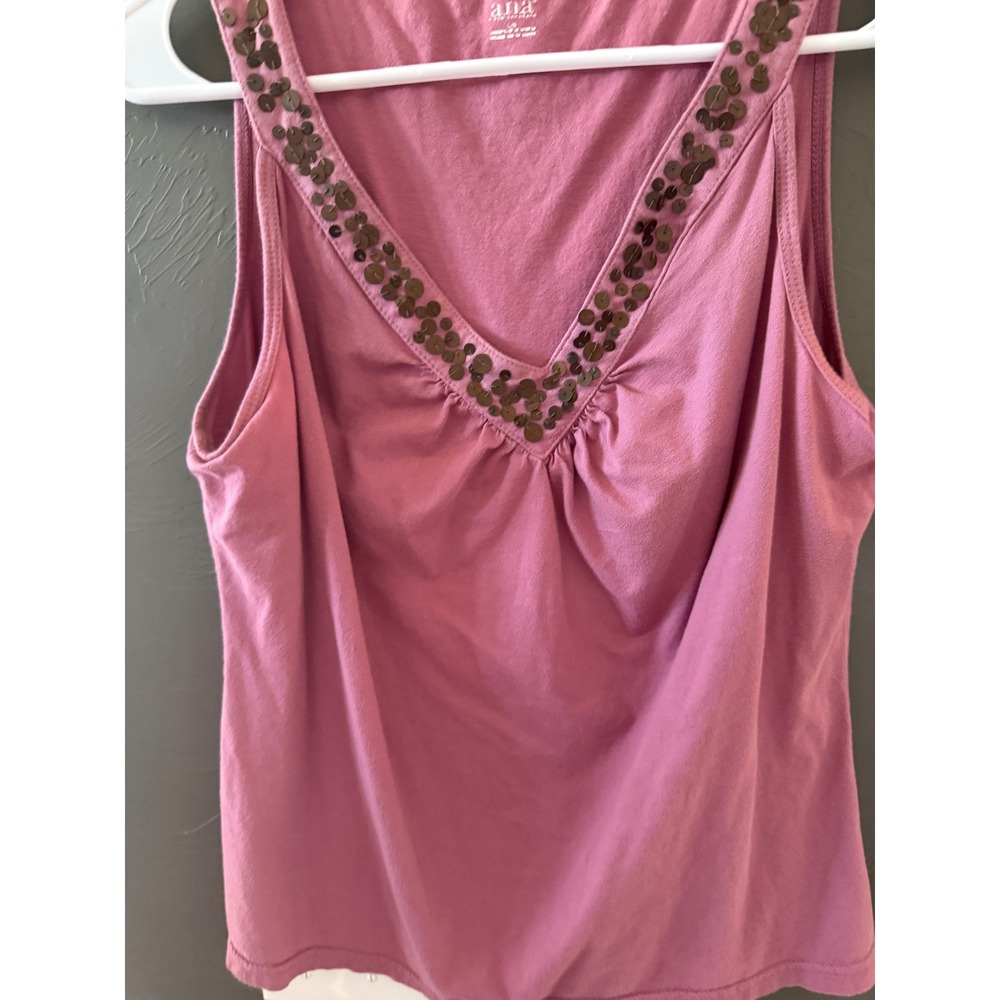 ana 2010s Pink Sequin V-Neck Cotton Tank Top Sleeveless Shirt‎ Large - Picture 5 of 8